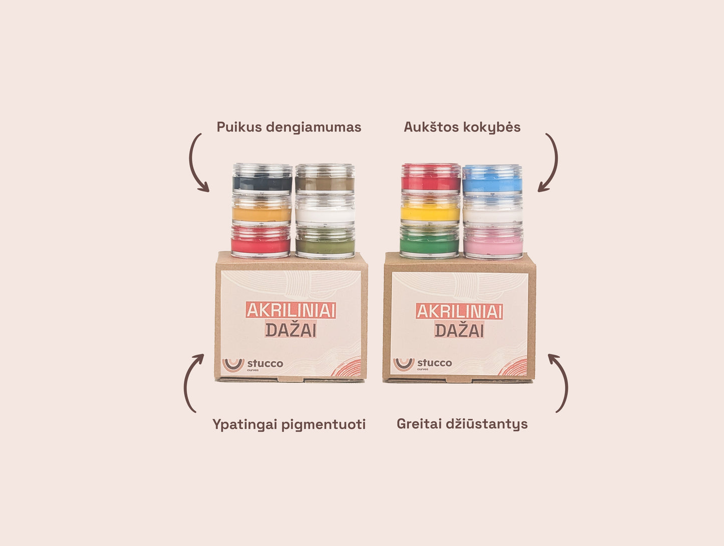 Akriliniai dažai skirti kūrybiniams rinkiniams, moliui ir tekstūrai