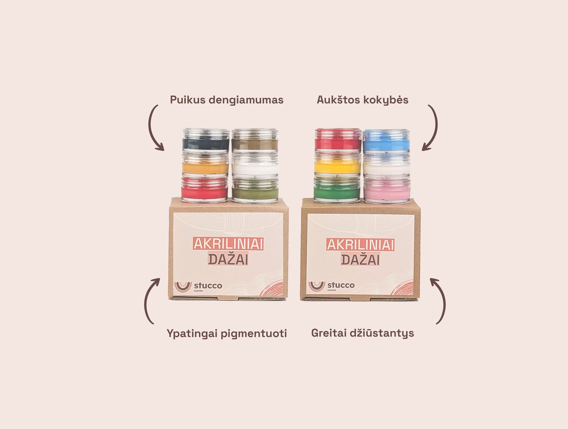 Akriliniai dažai skirti kūrybiniams rinkiniams, moliui ir tekstūrai