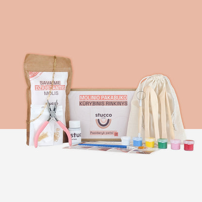 pasidaryk pats kūrybinis pakabuko rinkinys, grandinėlė sidabrine, lakas, įrankiai ir instrukcija, viengubas su akriliniais dazais, ore dziustantis molis
