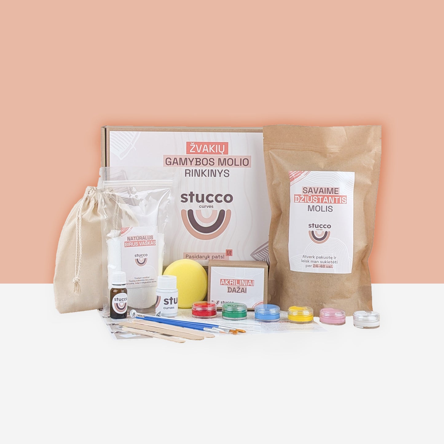 Ore savaime džiūstantis molis ir pilnas rinkinys skirtas formuoti dekoracijas, aukštos kokybės iš Europos. Tinkamas vaikams ir suaugusiems, dovanoms, pasidayk pats, terapijai. SU biriu vašku skirtu žvakių lipdymui