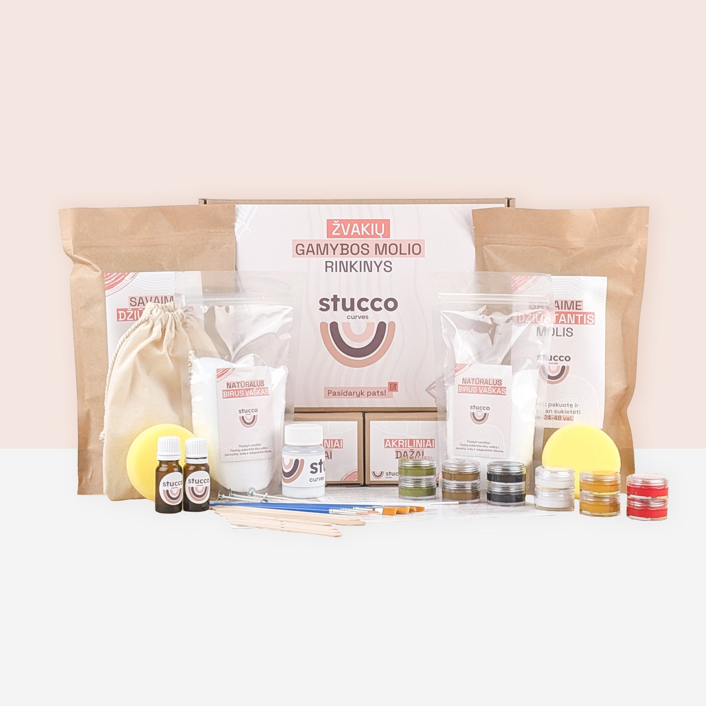 Ore savaime džiūstantis molis ir pilnas rinkinys skirtas formuoti dekoracijas, aukštos kokybės iš Europos. Tinkamas vaikams ir suaugusiems, dovanoms, pasidayk pats, terapijai. SU biriu vašku skirtu žvakių lipdymui. Eterinis aliejus ir žemės spalvos