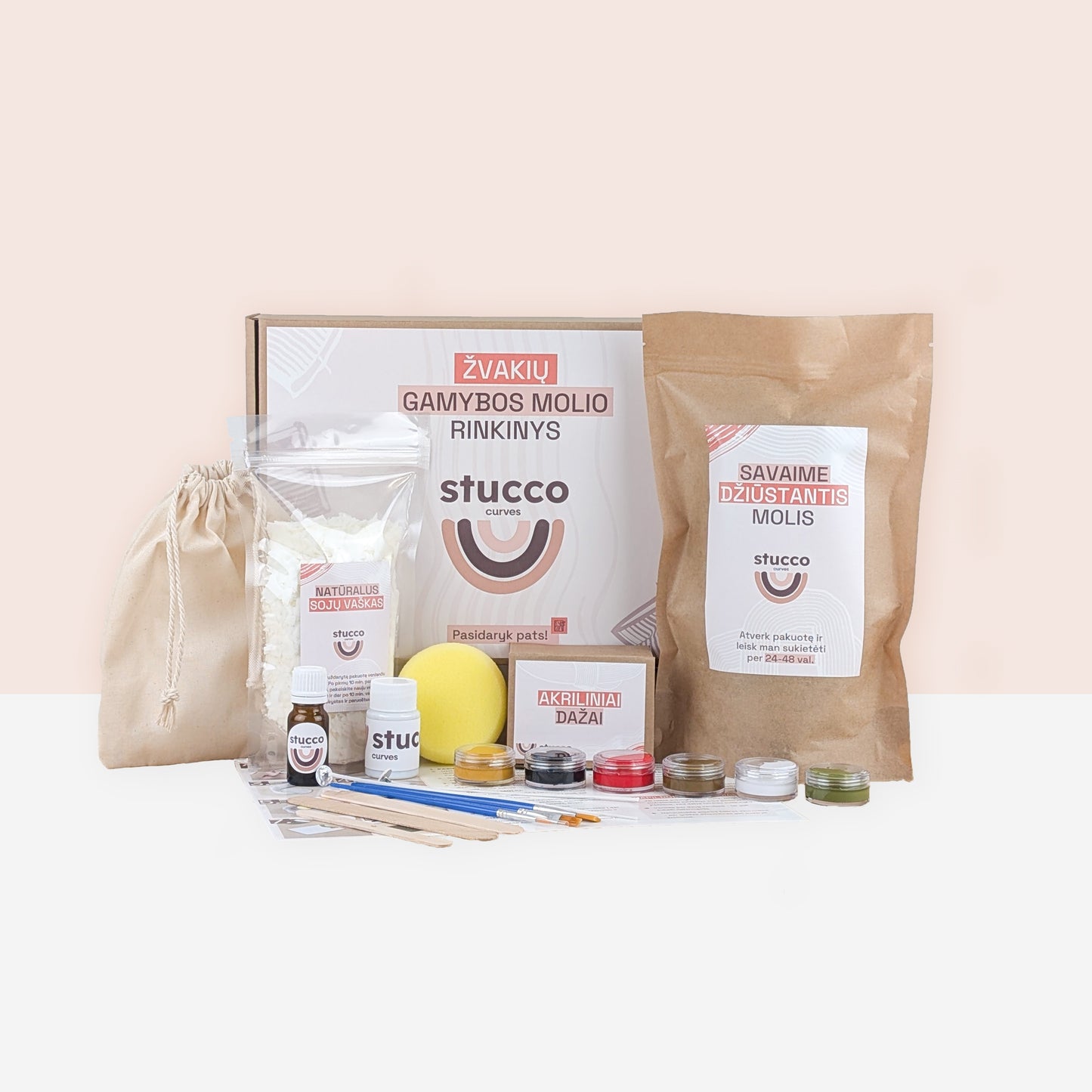 Ore savaime džiūstančio molio rinkinys kartu su sojų vašku skirtas lipdyti žvakėms, kūrybinis rinkinys, dovana, aromatiniai aliejai vienas, akriliniai dažai žemės spalvos.