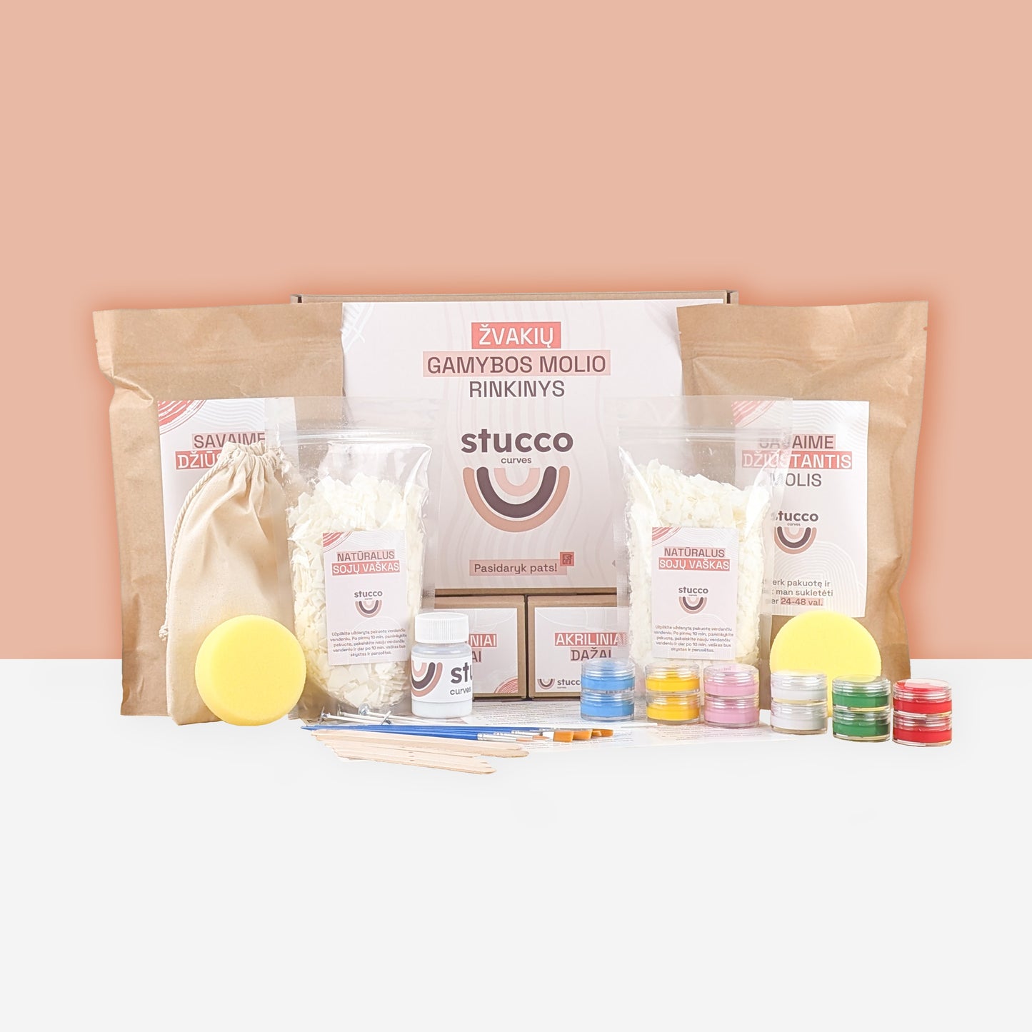 Ore savaime džiūstančio molio rinkinys kartu su sojų vašku skirtas lipdyti žvakėms, kūrybinis rinkinys, dovana, aromatiniai aliejai, akriliniai dažai. Be eterinio, dviems laisvalaikiui
