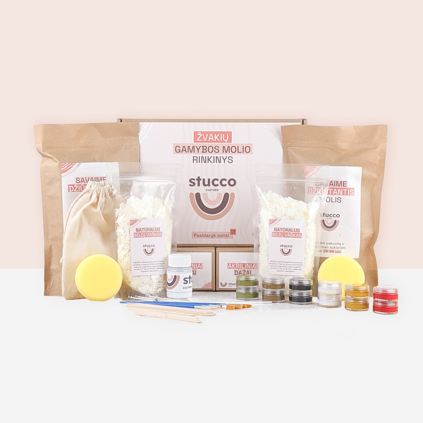 Ore savaime džiūstančio molio rinkinys kartu su sojų vašku skirtas lipdyti žvakėms, kūrybinis rinkinys, dovana, aromatiniai aliejai, akriliniai dažai. Be eterinio, laisvalaikiui ir pramogai