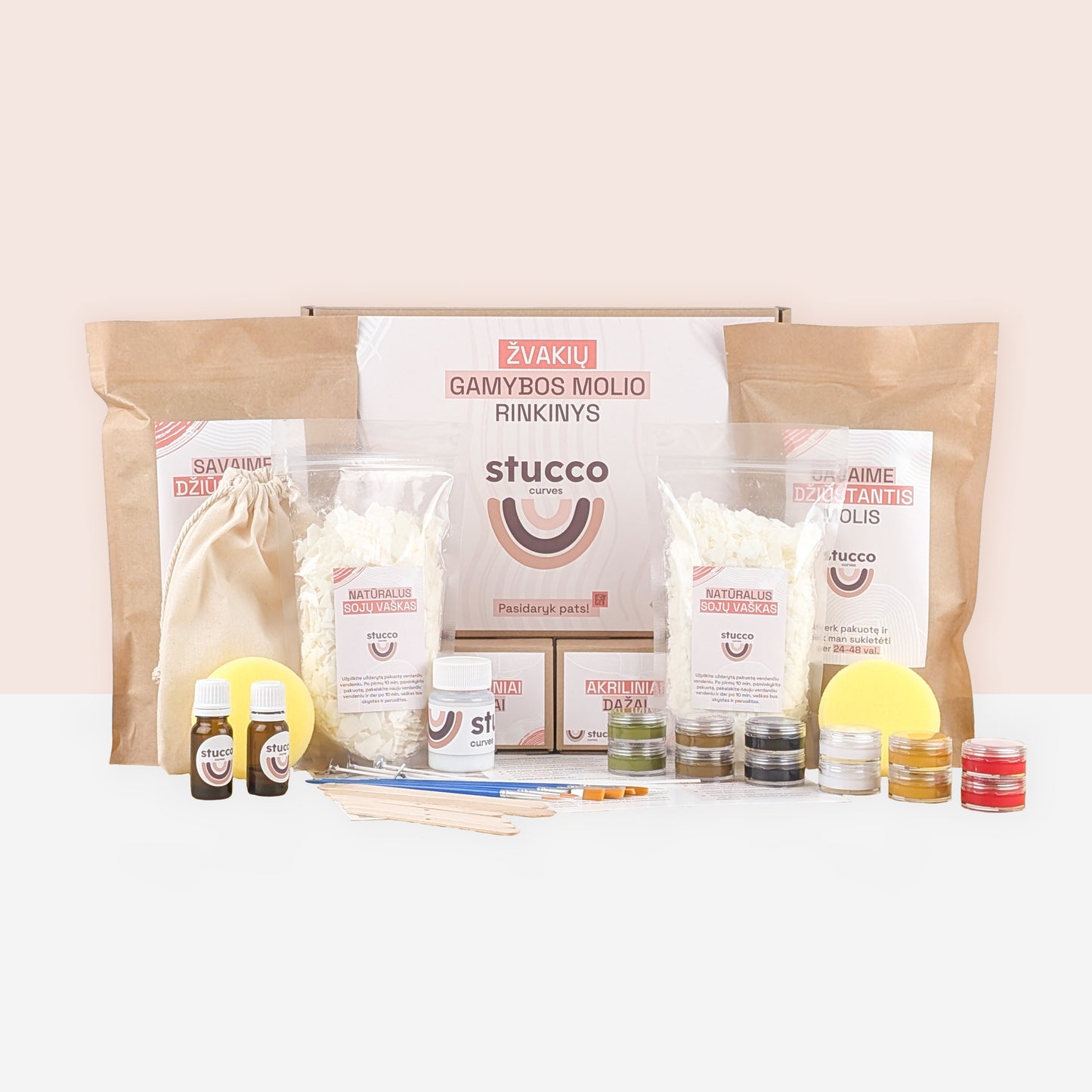 Ore savaime džiūstančio molio rinkinys kartu su sojų vašku skirtas lipdyti žvakėms, kūrybinis rinkinys, dovana, aromatiniai aliejai, akriliniai dažai, Kūryba, pramoga, laisvalaikis, didelis rinkinys