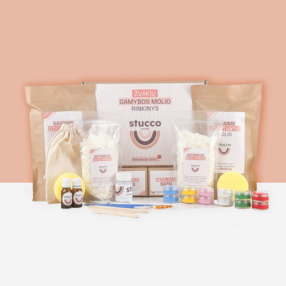 Ore savaime džiūstančio molio rinkinys kartu su sojų vašku skirtas lipdyti žvakėms, kūrybinis rinkinys, dovana, aromatiniai aliejai, akriliniai dažai. Pilnas rinkinys laisvalaikiui dviems
