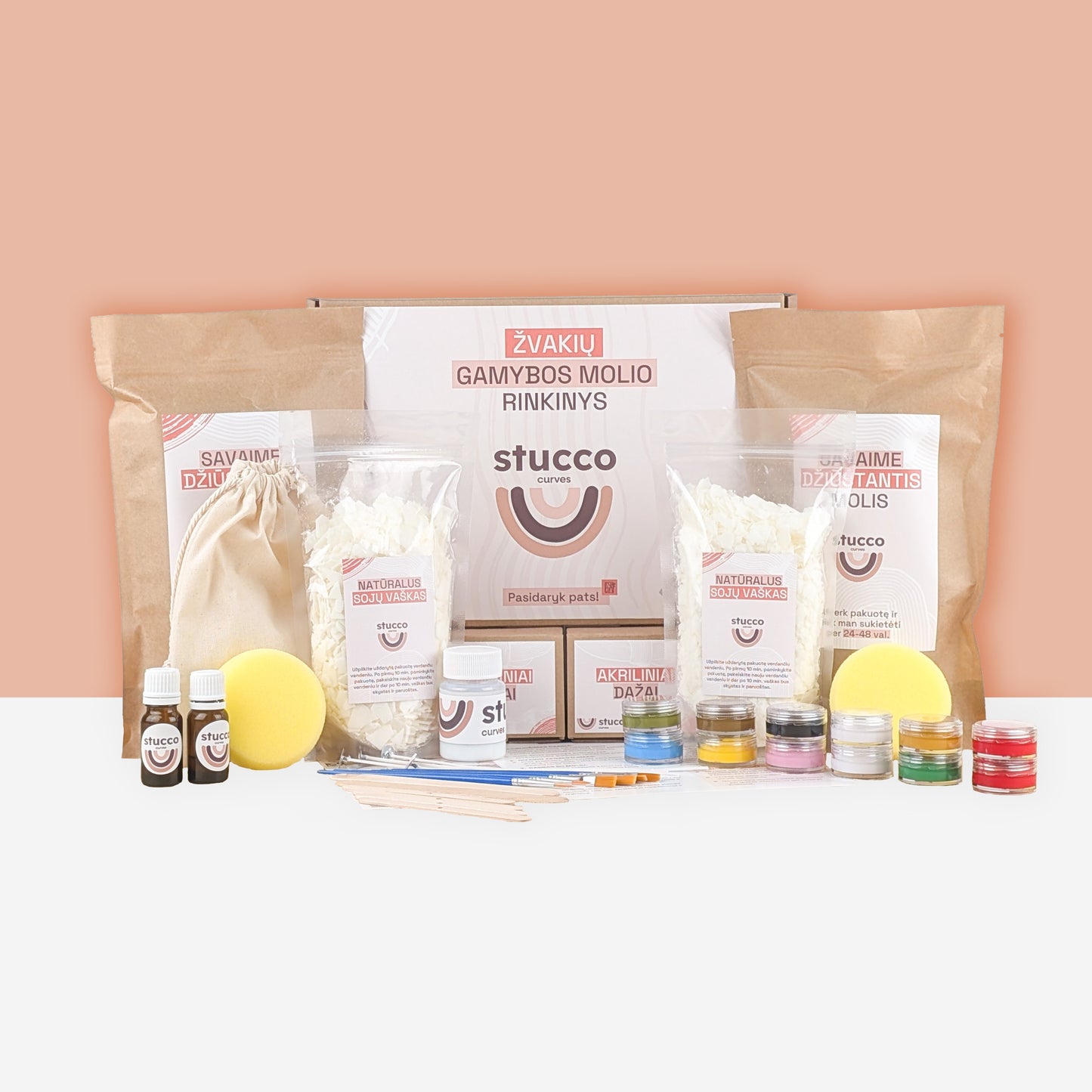 Ore savaime džiūstančio molio rinkinys kartu su sojų vašku skirtas lipdyti žvakėms, kūrybinis rinkinys, dovana, aromatiniai aliejai, akriliniai dažai. Dvigubas su daug dažų ir aliejaus