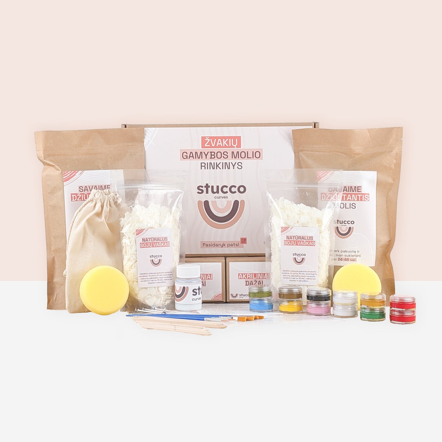 Ore savaime džiūstančio molio rinkinys kartu su sojų vašku skirtas lipdyti žvakėms, kūrybinis rinkinys, dovana, be aromatiniu alieju, akriliniai dažai. Dvigubas dviems laisvalaikis
