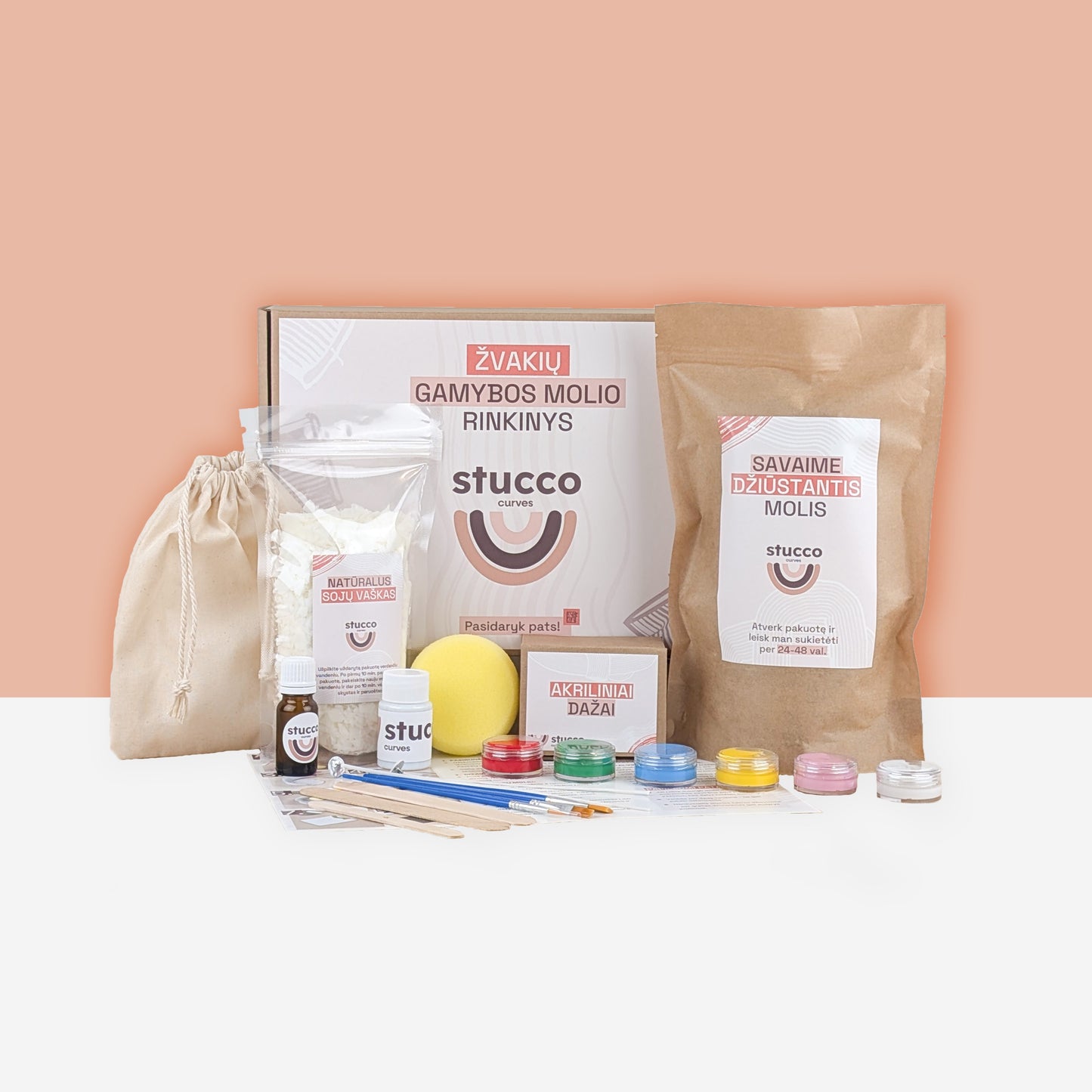 Ore savaime džiūstančio molio rinkinys kartu su sojų vašku skirtas lipdyti žvakėms, kūrybinis rinkinys, dovana, aromatiniai aliejai, akriliniai dažai
