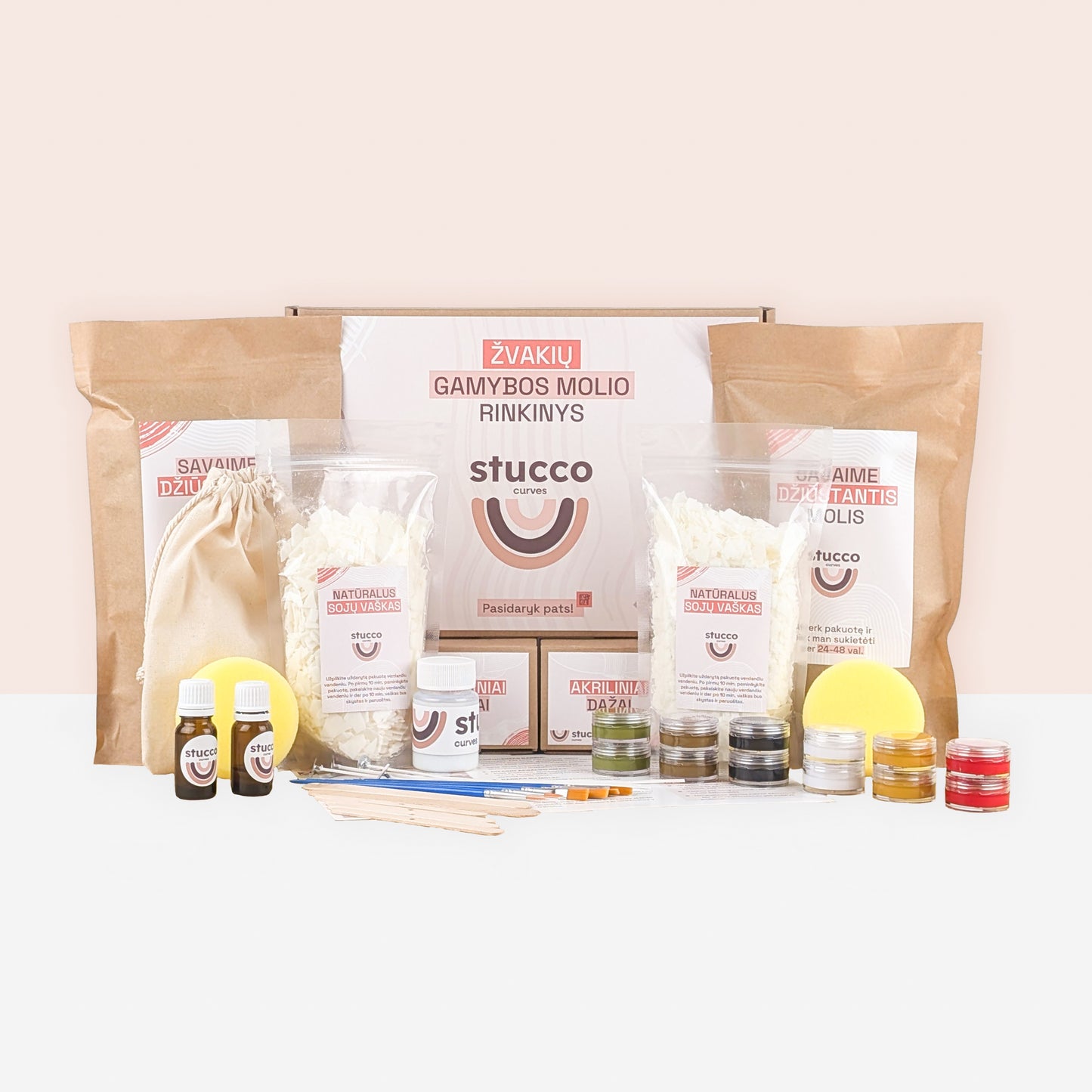 Ore savaime džiūstančio molio rinkinys kartu su sojų vašku skirtas lipdyti žvakėms, kūrybinis rinkinys, dovana, aromatiniai aliejai, akriliniai dažai
