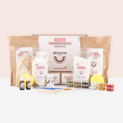 Ore savaime džiūstančio molio rinkinys kartu su sojų vašku skirtas lipdyti žvakėms, kūrybinis rinkinys, dovana, aromatiniai aliejai, akriliniai dažai