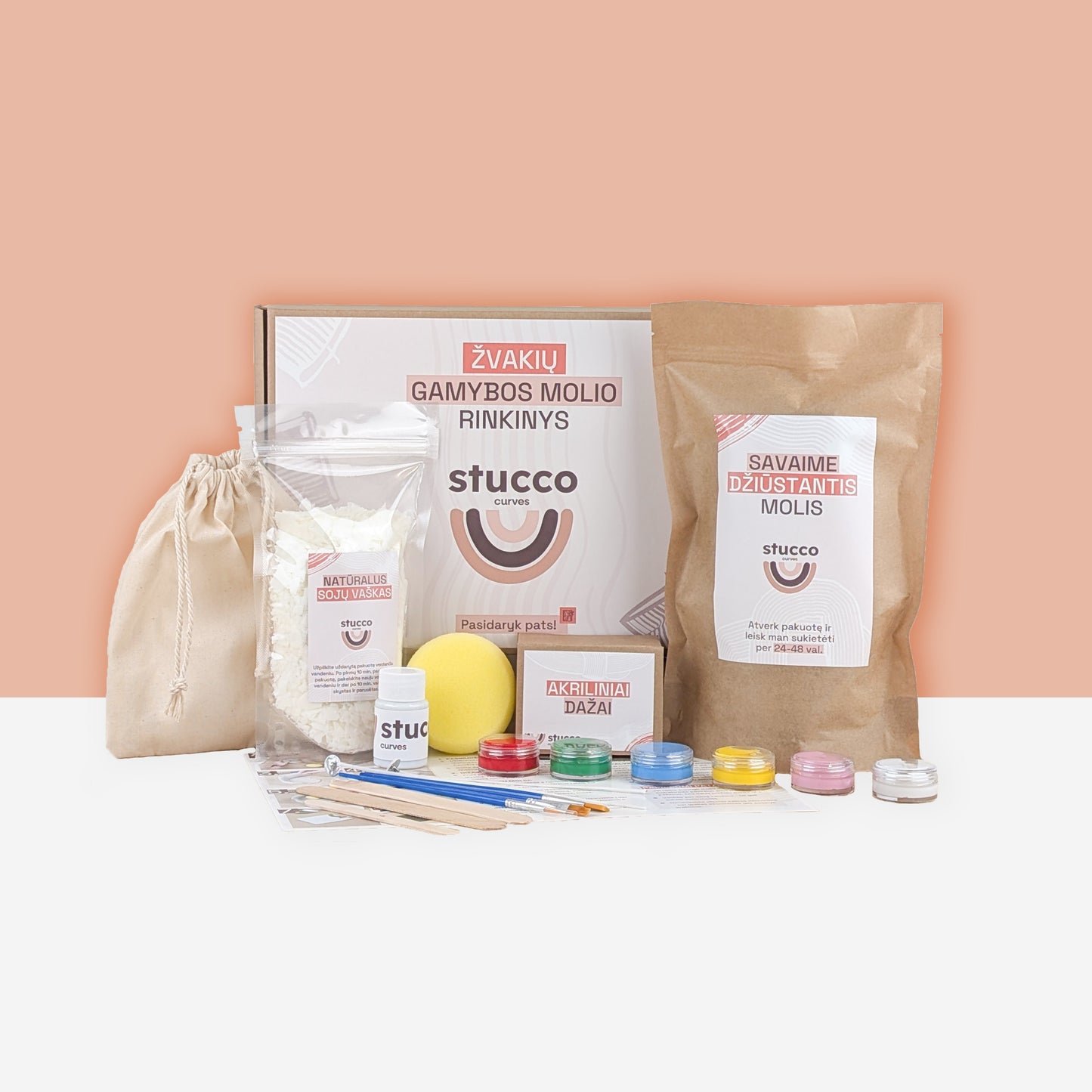 Ore savaime džiūstančio molio rinkinys kartu su sojų vašku skirtas lipdyti žvakėms, kūrybinis rinkinys, dovana, be aromatiniu alieju, akriliniai dažai