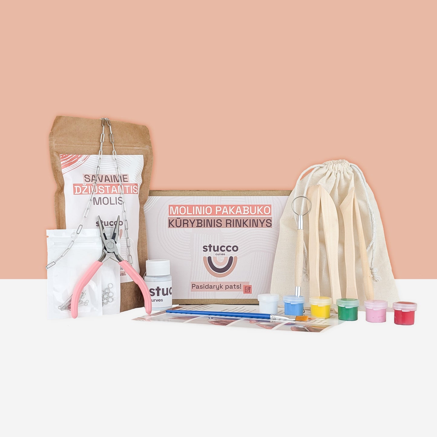 pasidaryk pats kūrybinis pakabuko rinkinys, grandinėlė sidabrinė, lakas ir įrankiai, mediniai pagaliukai, akriliniai dažai